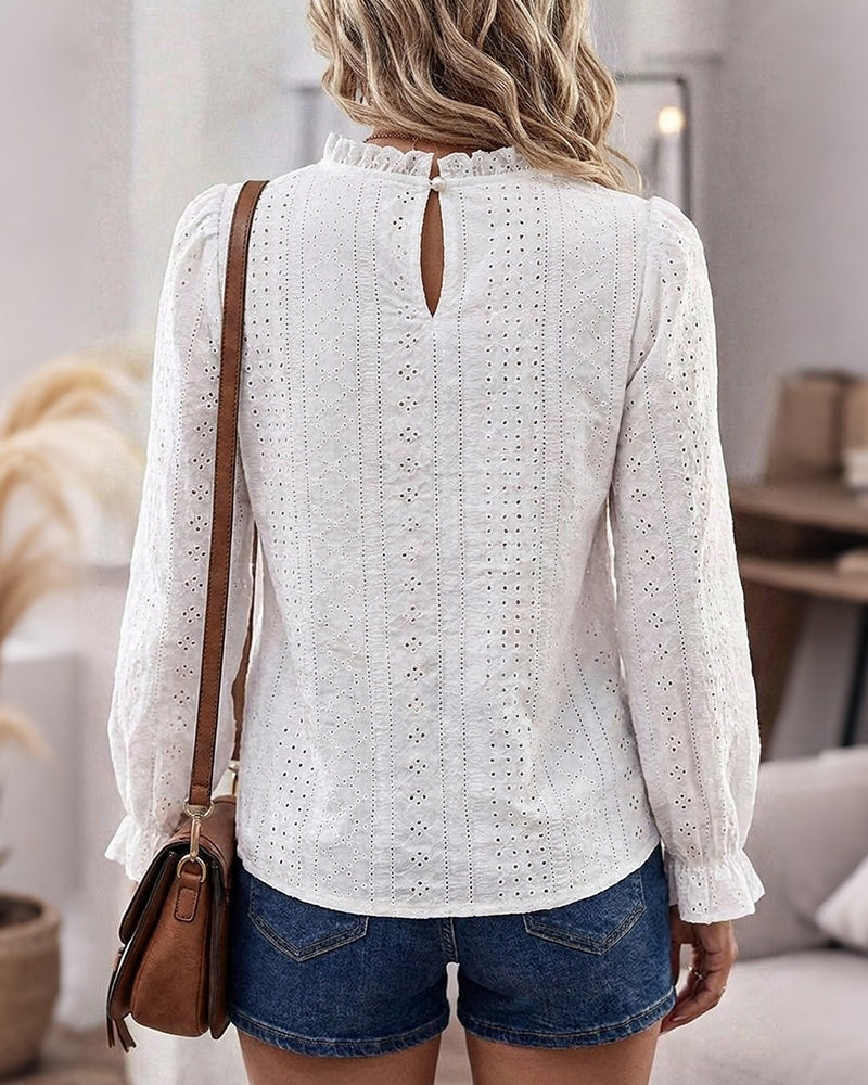 Women's French Style Eyelet Embroidery Blouse Elegant Frill Hem Stand Collar Puff Sleeve Top Lace Patchwork Shirt