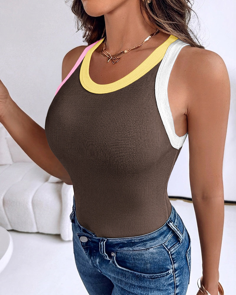 Women's Contrast Trim Ribbed Tank Top Slim Fit Sleeveless Round Neck Basic Camisole for Streetwear & Layering