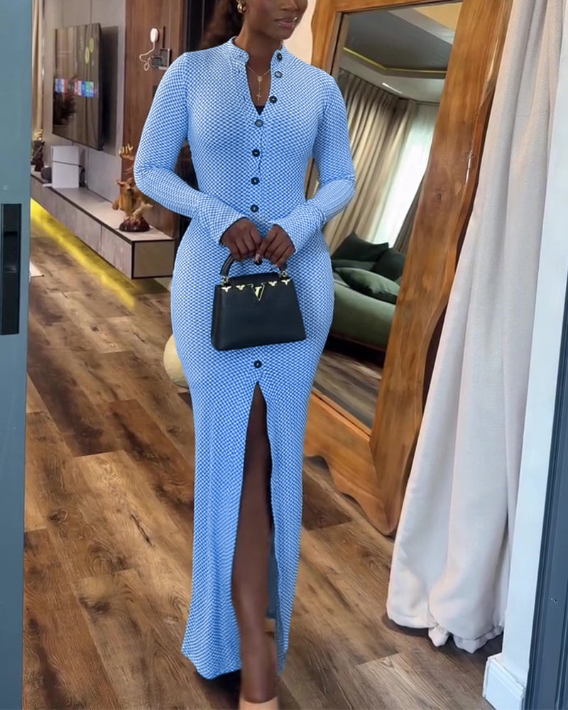 Women's Vintage Plaid Button Front Slit Maxi Dress Long Sleeve Stand Collar Slim Fit Knit Dress