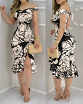 Floral Print Off Shoulder Ruffle Hem Slit Dress Slim Fit Party Dress