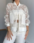 Floral Lace Embroidered Mesh Patchwork High-Low Hem Baseball Coat Casual Side Slit Zip Up Bomber Jacket
