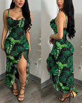 Women's Tropical Plants Cami Midi Dress Casual Rhinestone Mesh Vacation Dress Slit Ruffle Hem Sundress