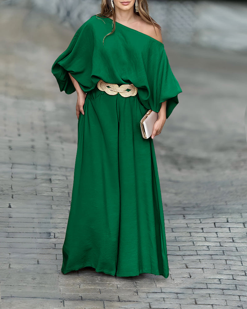 2 Pieces Outfit Turn-down Coll  Long Sleeve Button Front Satin  Shirt and Casual Vintage Floral  Print Elastic Back Waist Wide Leg  Pants Set without Belt