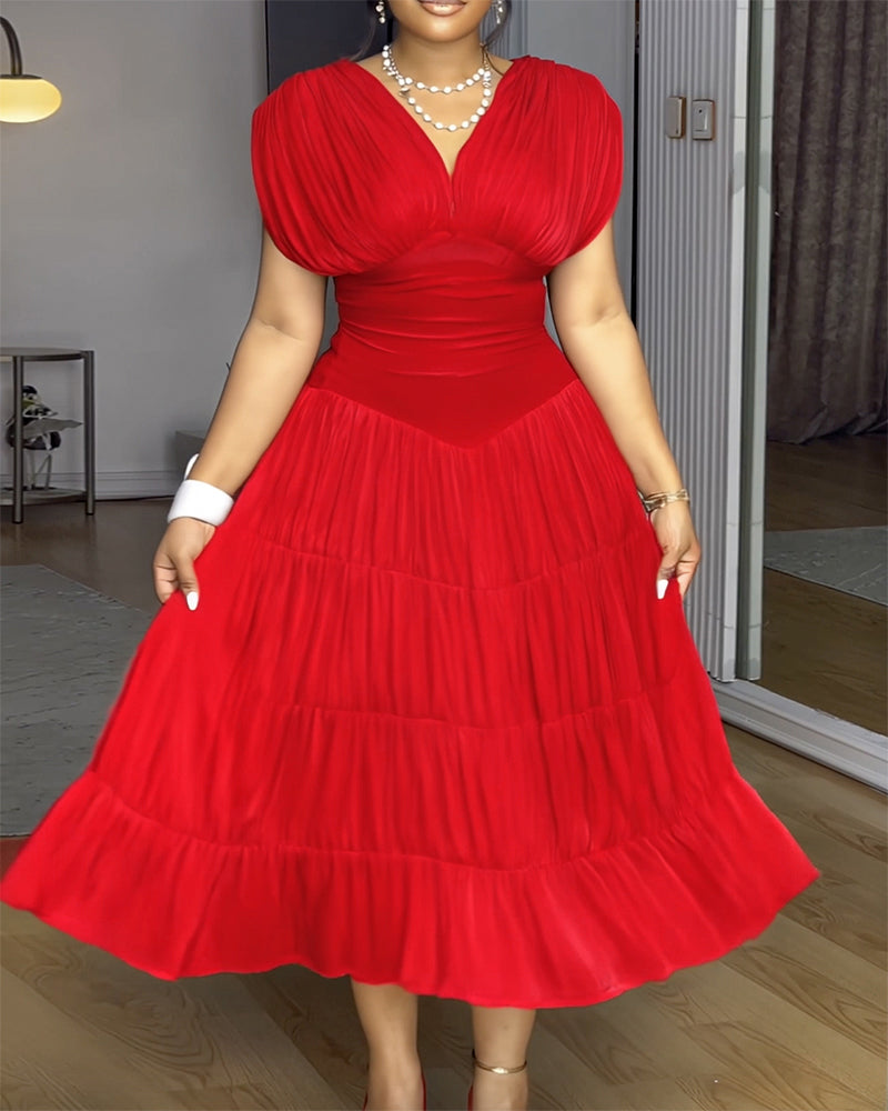 Textured V Neck Sleeveless Ruched Ruffles Hem Dress Casual Waist A Line Party Midi Dress