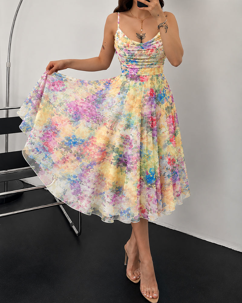 Women's Oil Painting Floral Mesh Midi Dress Sexy Cowl Neck Cami Dress High Waisted Ruched Backless A Line Sundress
