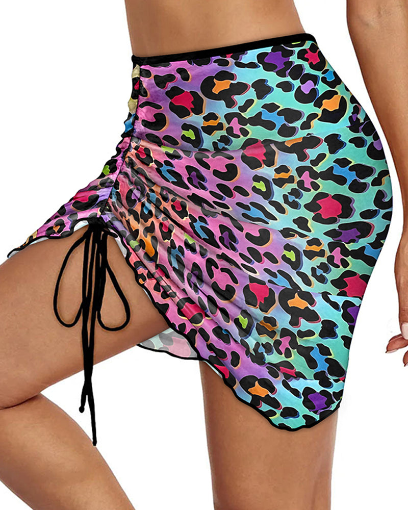 Women's Colorful Leopard Mesh Swim Skirt Side Drawstring Ruched Beach Bodycon Skirt