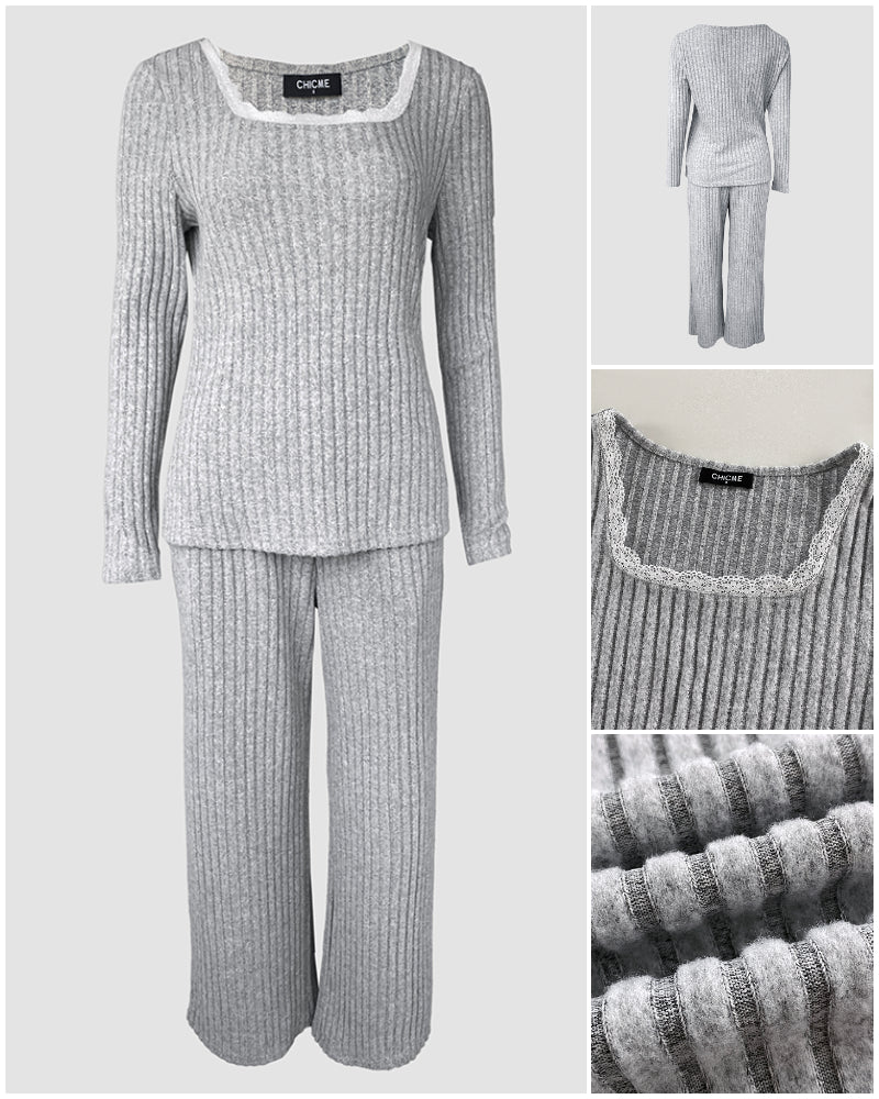 Women's Ribbed Knit Lounge Set Lace Trim Square Neck Long Sleeve Top and Straight Leg Drawstring Pants with Pockets