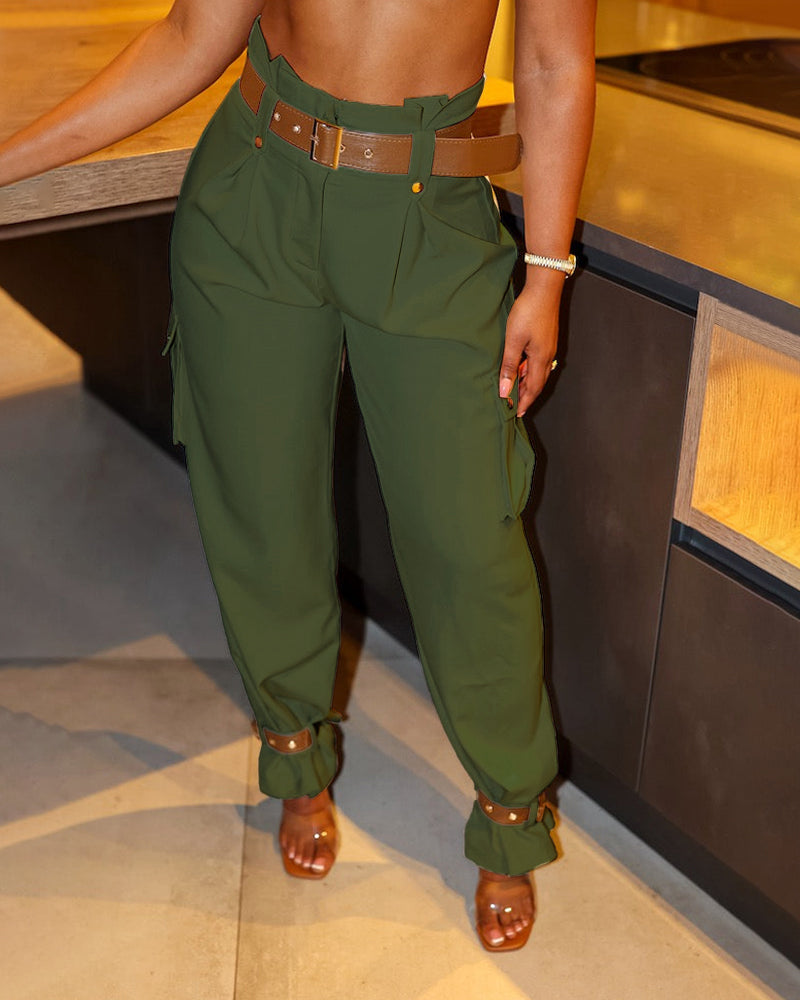 Women's Pockets Design Cargo Pants Casual High Waisted Trousers with Contrast Belt