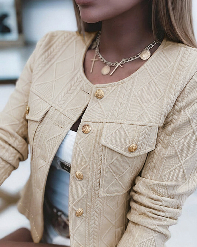 Women's French Style Cropped Jacket Round Neck Gold Button Coat Argyle Cable Jacquard Knit Outerwear