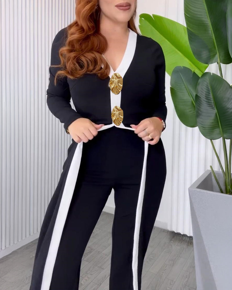 Women's Contrast Binding Faux Two-Piece Jumpsuit Elegant V Neck Wide Leg Overalls High Waisted Jumpsuits with Pockets
