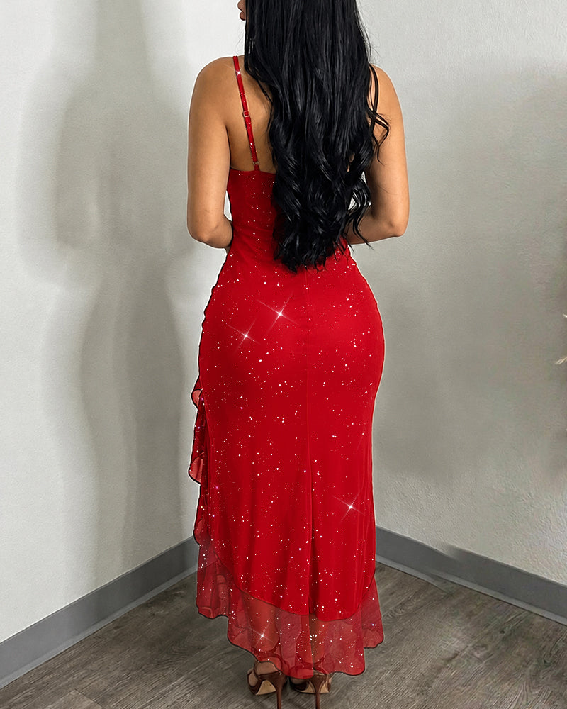 Women's Glitter Mesh Cami Dress Cowl Neck Slit Mermaid Dress Backless Ruffle Hem Party Dress with Built-In Bra