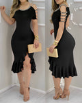 Cold Shoulder Beaded Slit Bodycon Dress Ruffle Hem Zipper Back Party Dress