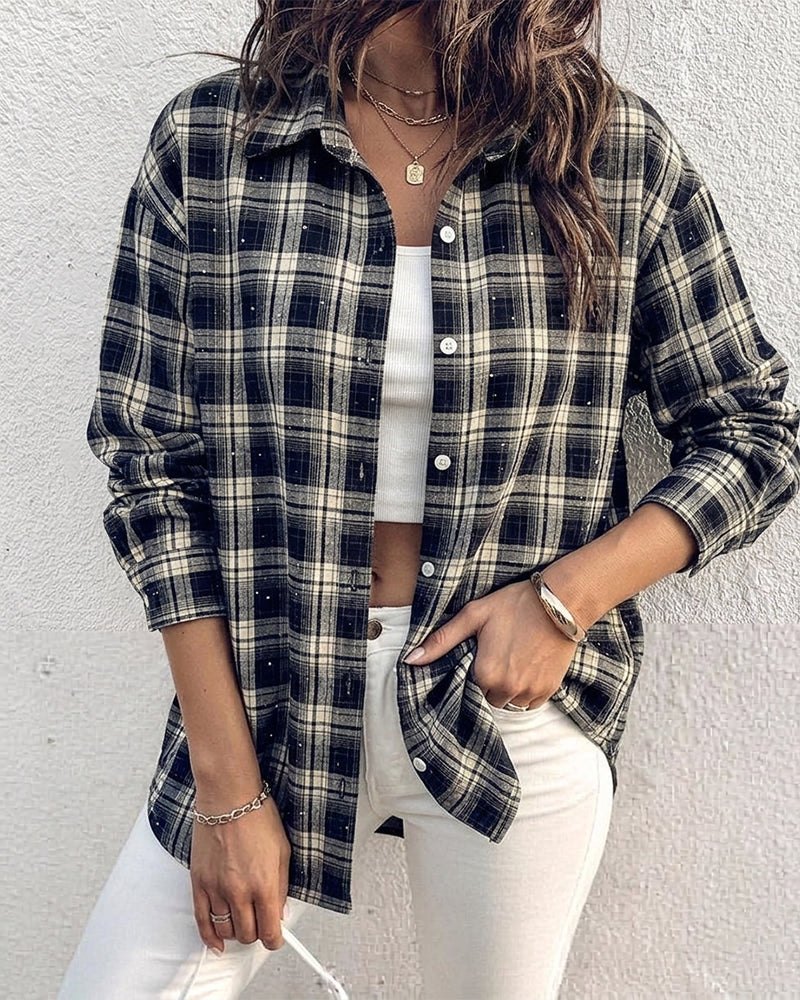 Women's Plaid Rhinestone Shirt Casual Drop Shoulder Button Down Blouse Vintage Long Sleeve Top