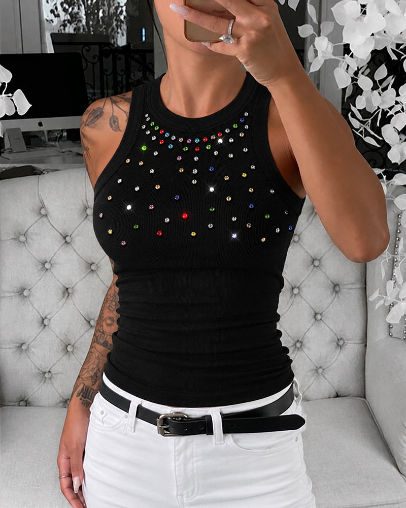 Women's Ribbed Racerback Tank Top Colorful Rhinestone Embellished Crewneck Slim Fit Rib Knit Camisole