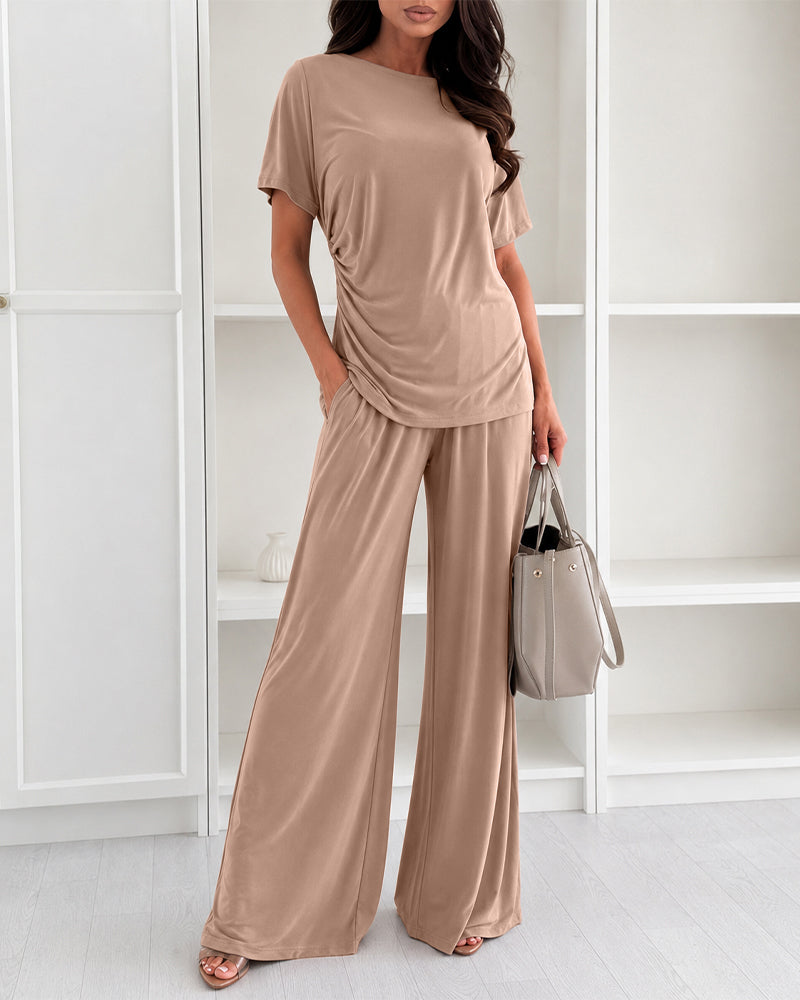Women's 2 Piece Outfit Boat Neck Ruched Side Top and Wide Leg Pants Set Casual Draped Lounge Set