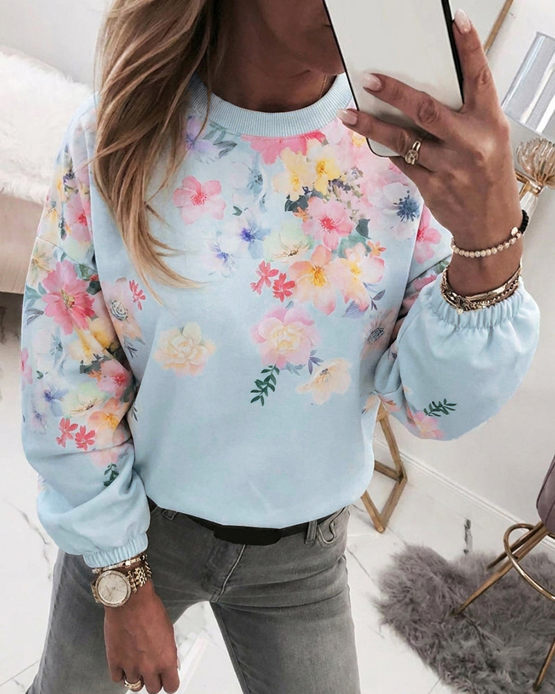 Women's Watercolor Floral Sweatshirt Casual Crewneck Pullover Lantern Sleeve Loose Fit Top