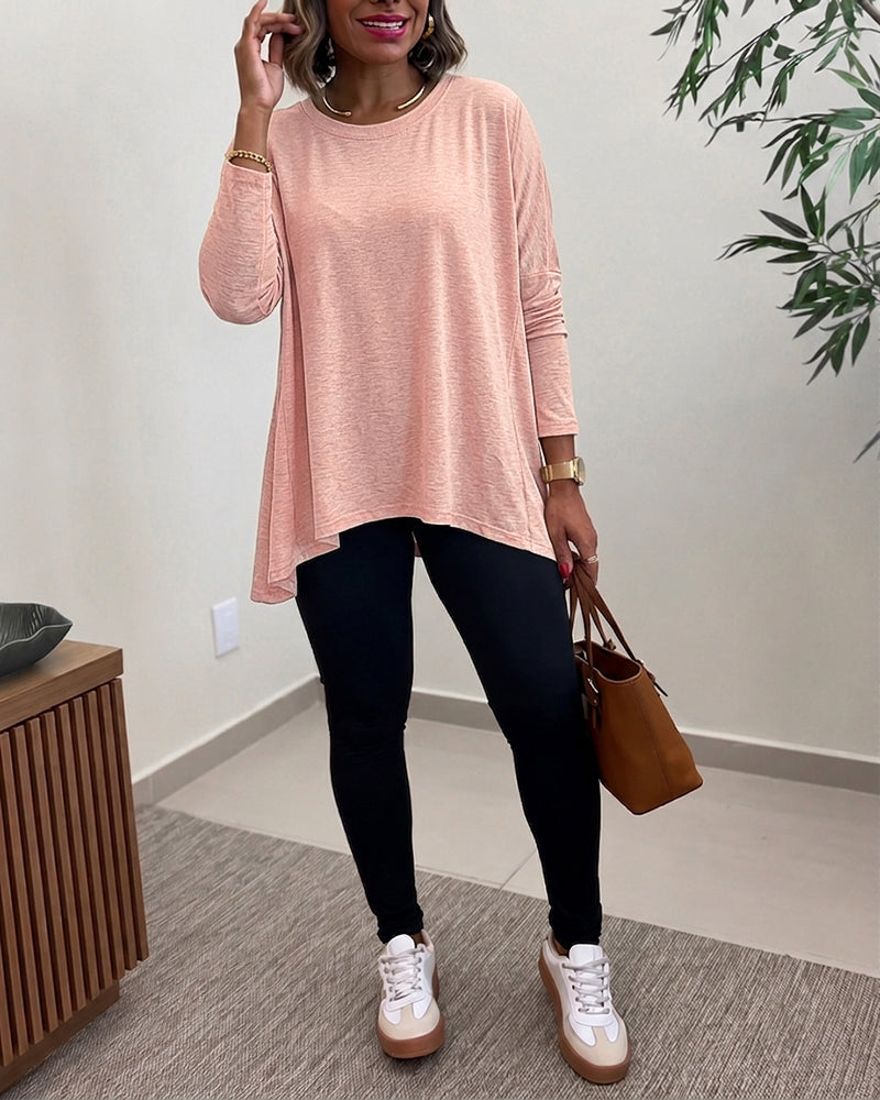 Women's Asymmetric Hem Long Sleeve Top Loose Fit Dropped Shoulder Crewneck Soft Slouchy Casual Tee