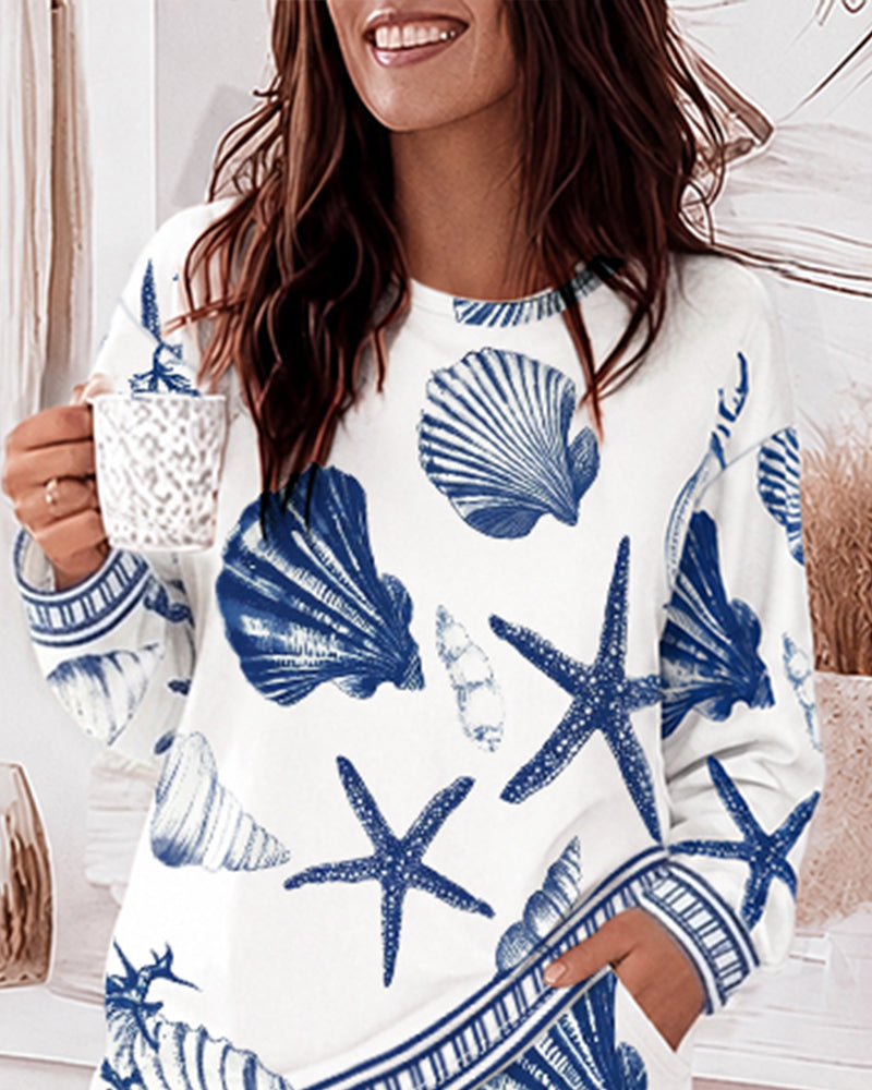 Women's 2 Piece Ocean Style Pajama Set Long Sleeve Top and Wide Leg Pants Casual Lounge Set