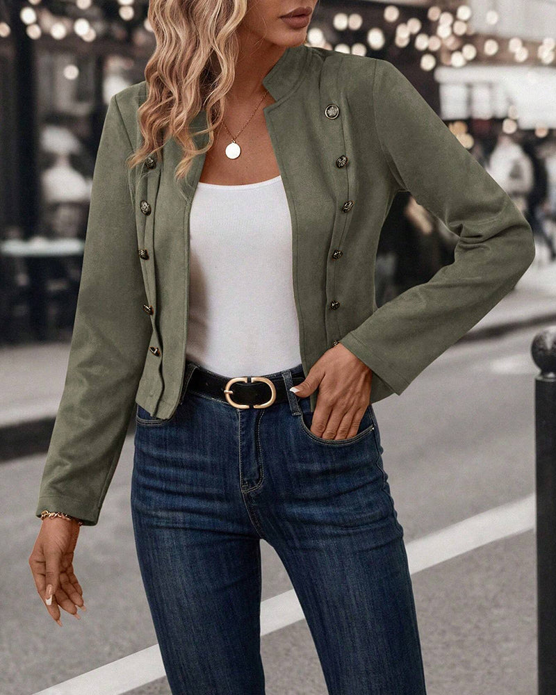 Faux Suede Stand Collar Jacket Open Front Button Decor Casual Coat