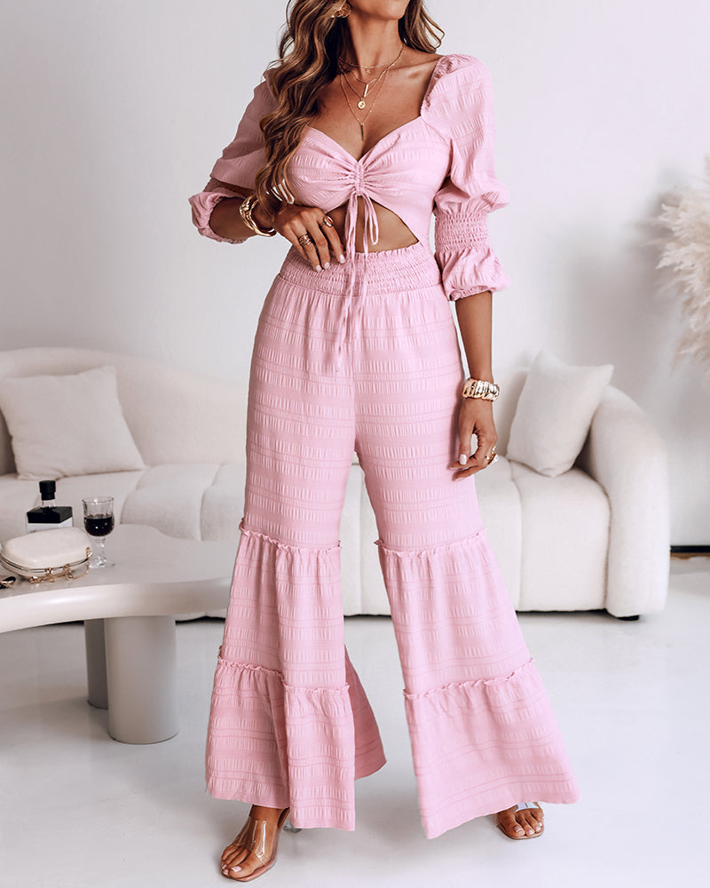 Sweetheart Neck Puff Sleeve Drawstring Front Shirred Overalls Casual Cutout Front Ruffle Hem Wide Leg Jumpsuit