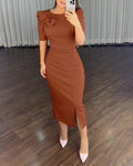 3D Flower Decor Round Neck Puff Sleeve Bodycon Dress Casual Ruched Slit Zipper Back Work Dress