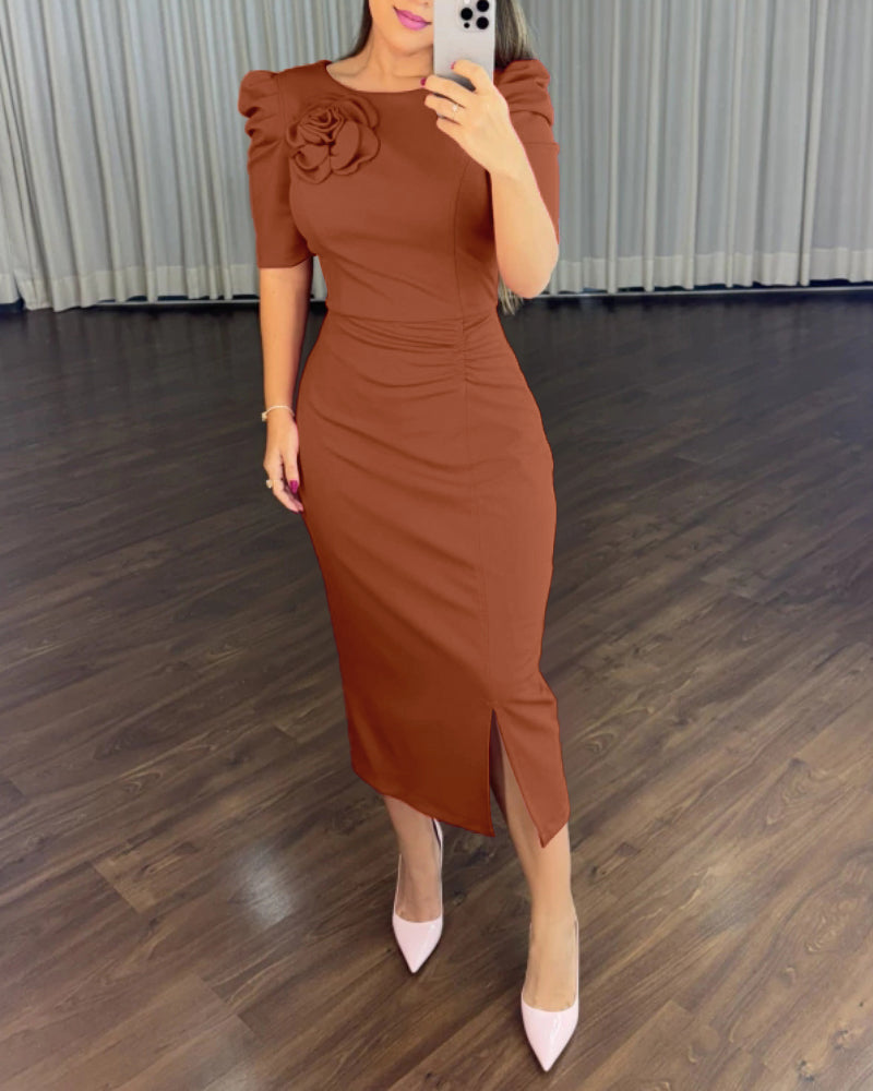 3D Flower Decor Round Neck Puff Sleeve Bodycon Dress Casual Ruched Slit Zipper Back Work Dress