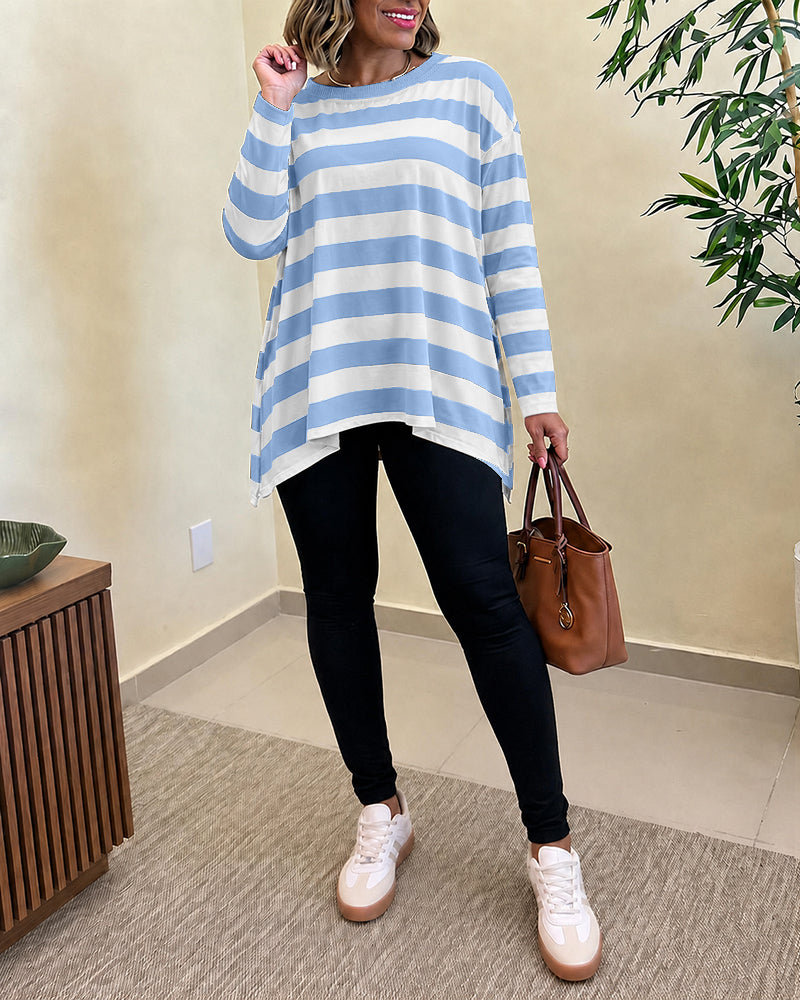 Women's Striped T Shirt Long Sleeve Drop Shoulder Crewneck Tee Side Slit Casual Loose Fit Top