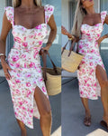 Women's Floral Midi Dress Sweetheart Neck Flutter Sleeve Side Slit Sundress Backless Vacation Dress with Built in Bra
