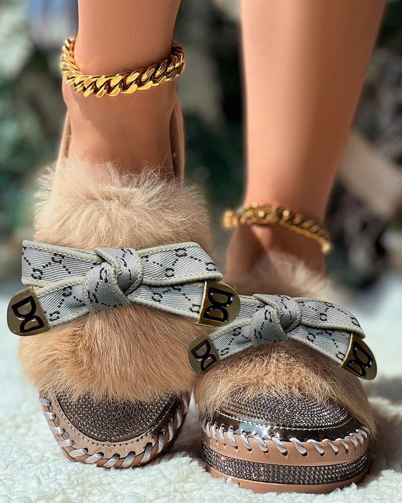 Rhinestone Bowknot Design Platform Fuzzy Slip-On Loafers