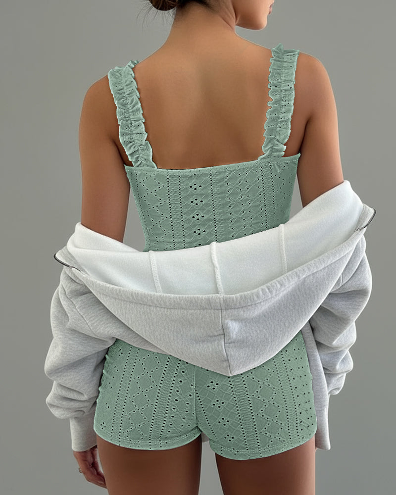CHICME ESSENCE LOFT Women’s 2 Piece Pajama Set Square Neck Cami Top Frill Strap Tie Detail Shorts Knit Lounge Set