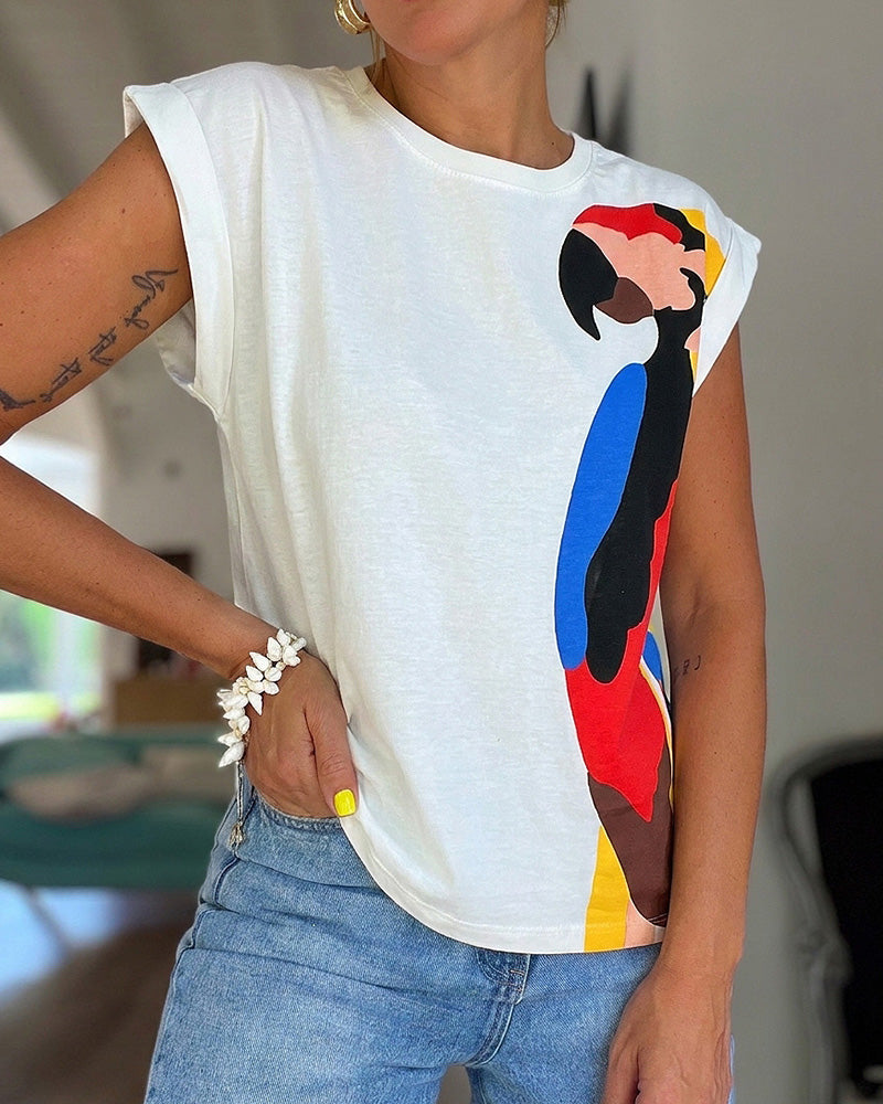 Women's Parrot Graphic Tee Loose Crewneck Cuffed Cap Sleeve T-Shirt Casual Top