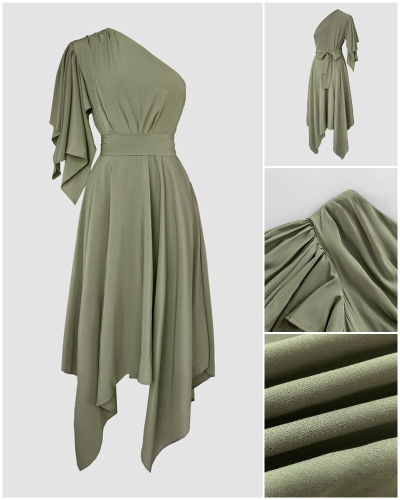 One Shoulder Asymmetrical Sleeve Bow Tie Party Dress Casual Zipper Side Cinched Waist Asymmetrical Hem Maxi Dress With Belt