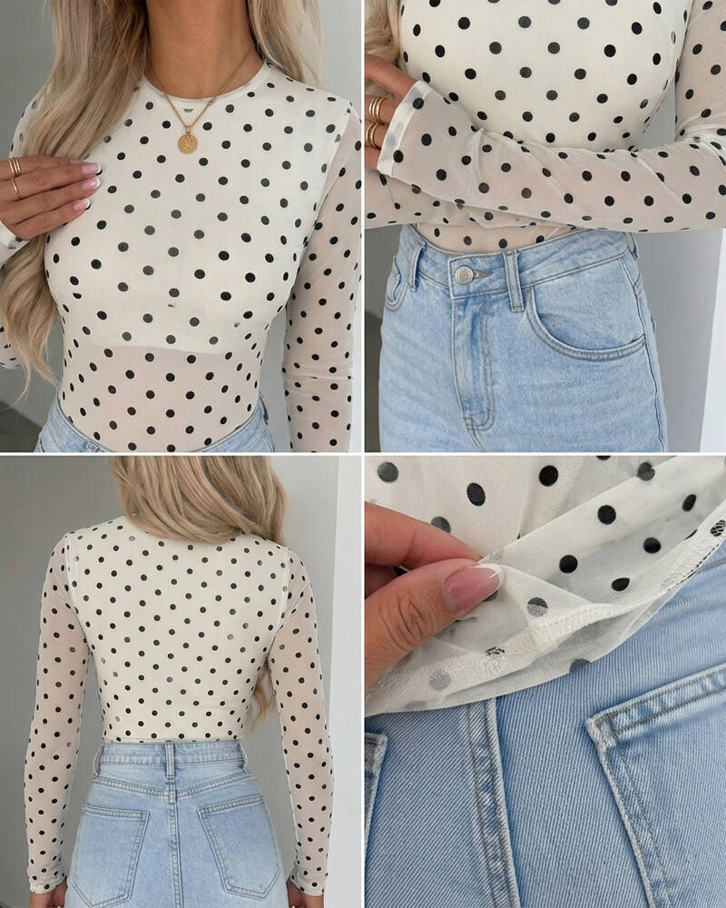 Women's Mesh Polka Dot Top Lined Sheer Long Sleeve Tee Crewneck Slim Fit Layering Under Base Top with Thumbholes