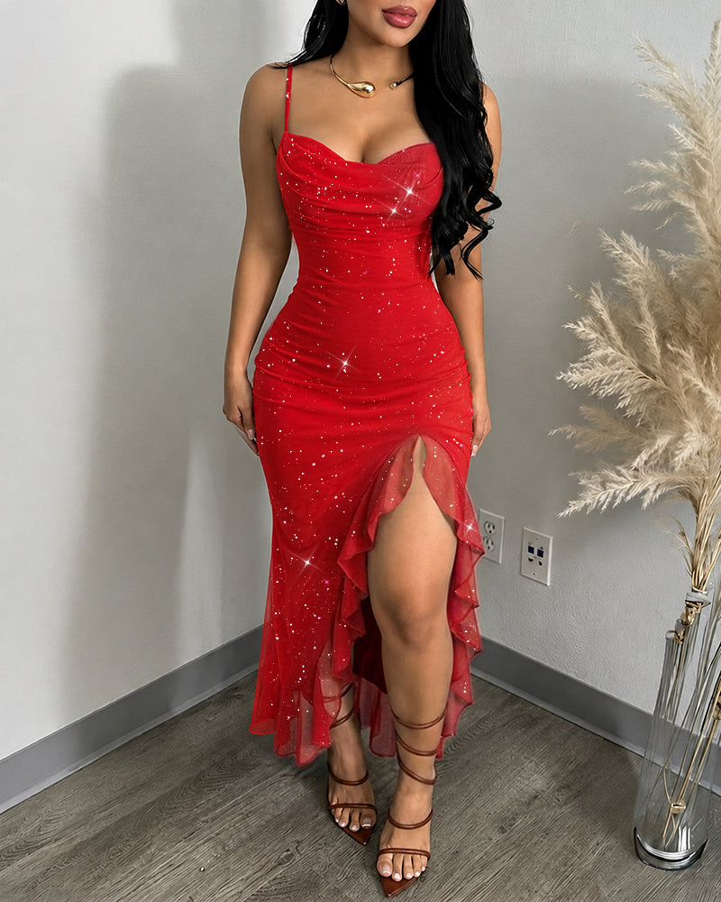 Women's Glitter Mesh Cami Dress Cowl Neck Slit Mermaid Dress Backless Ruffle Hem Party Dress with Built-In Bra
