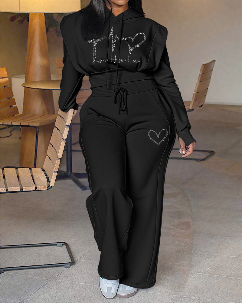2 Pieces Outfit Rhinestone Graphic & Letter Pattern 3D Design Crop Drawstring Hoodie Sweatshirt and Casual Drawstring Elastic Waist Wide Leg Sweatpants Set