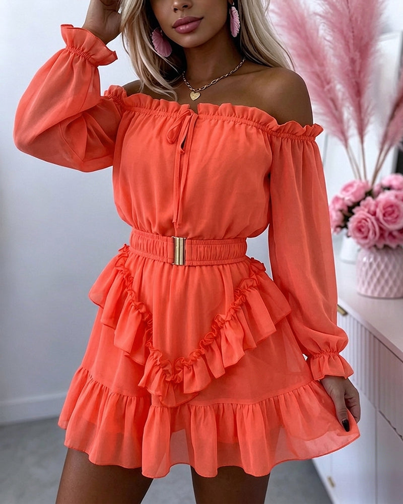 Women's Off Shoulder Frill Trim Mini A Line Dress Flowy Chiffon Ruffle Hem Party Dress with Belt & Built-In Shorts