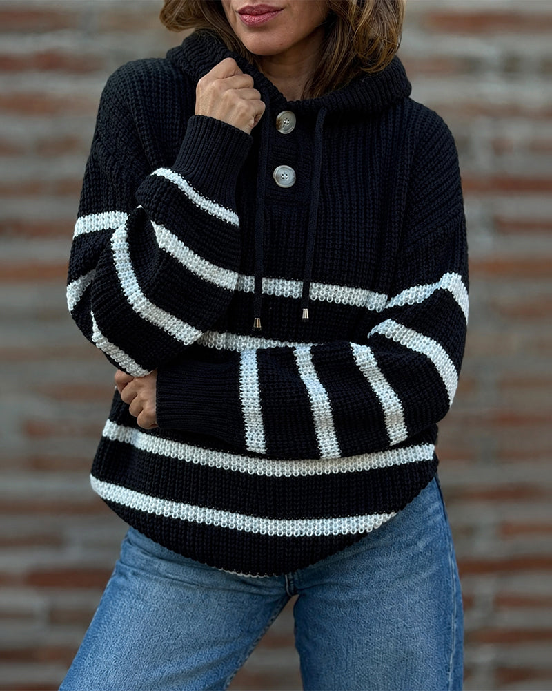 Women's Striped Henley Drawstring Hooded Sweater Loose Fit Lantern Sleeve Knit Pullover