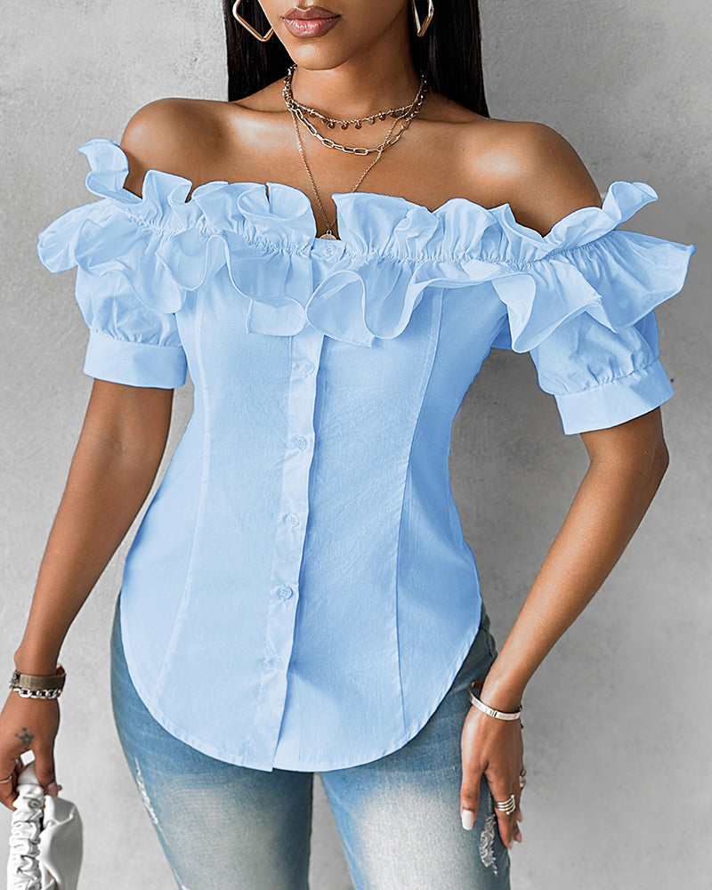 Ruffles Off Shoulder Short Sleeve Button Front Blouse Asymmetrical Hem Top