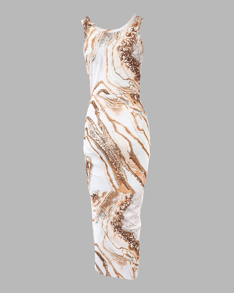 Marble Print U-Neck Sleeveless Ribbed Dress Casual Drawstring Ruched High Slit Vacation Dress
