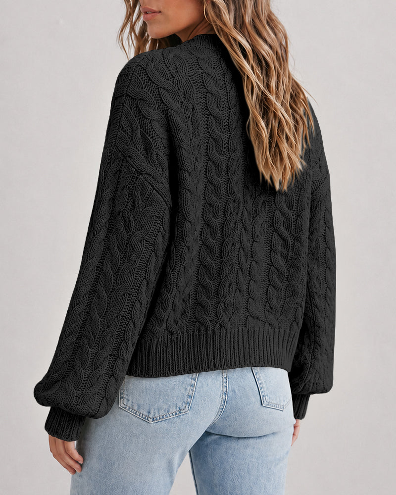 Women's Cable Knit Cardigan V Neck Button Down Chunky Knit Sweater Loose Lantern Sleeve Warm Outerwear