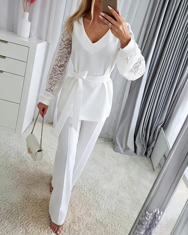 Women's Two Piece Outfits V-Neck Lace Long Sleeve Top and Wide Leg Pants Set Elegant Matching Set with Belt