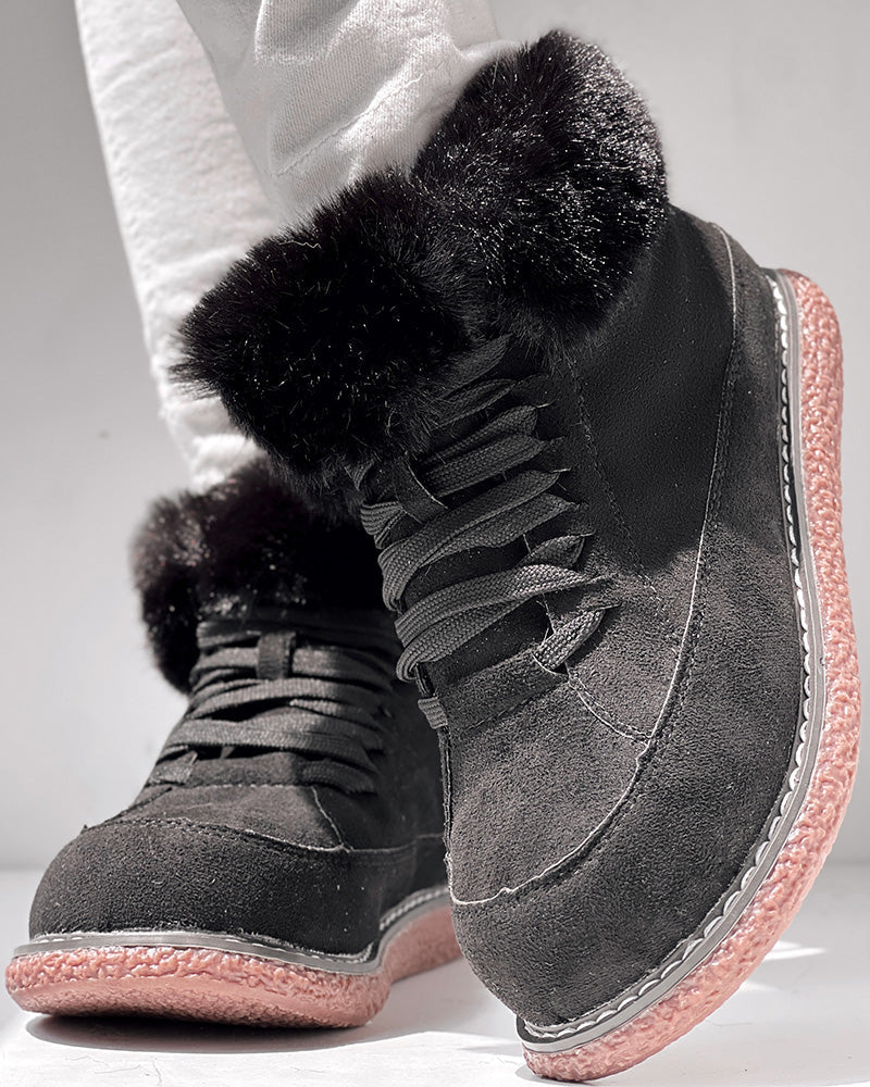 Fuzzy Detail Lined Lace-up Snow Boots