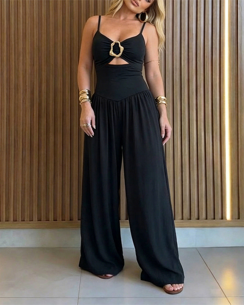 Women's Gold Ring Hollow Out Wide Leg Jumpsuit Backless Adjustable Strap Romper Elegant Party Jumpsuit