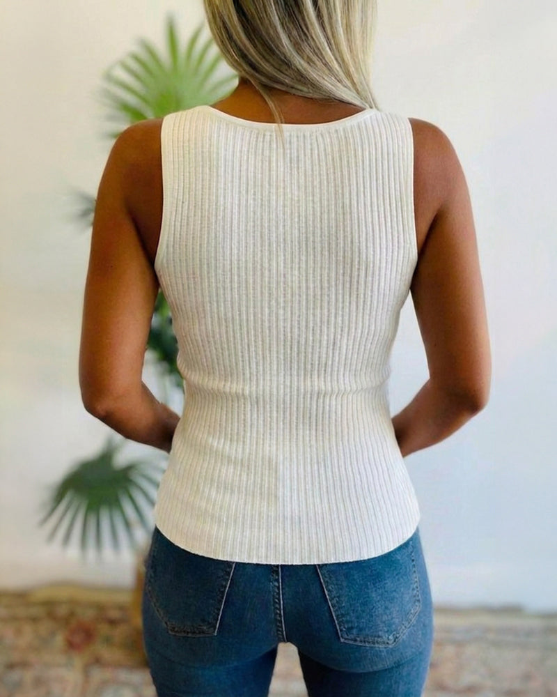 Rhinestone Decor U-Neck Sleeveless Tee Slim Fit Backless Ribbed Tank Top