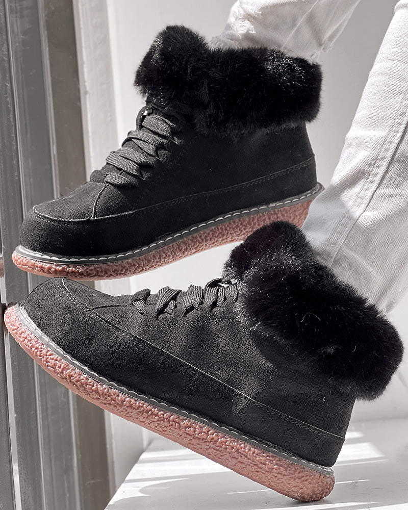 Fuzzy Detail Lined Lace-up Snow Boots