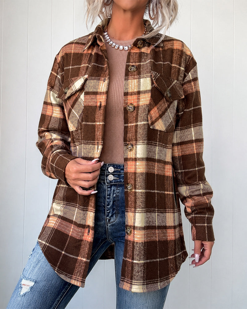 Women's Plaid Long Sleeve Button Down Brushed Shacket Casual Turn-down Collar Coat
