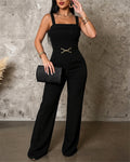 Women's Square Neck Jumpsuit Thick Strap Gold Decor High Waist Straight Leg Overalls with Pockets