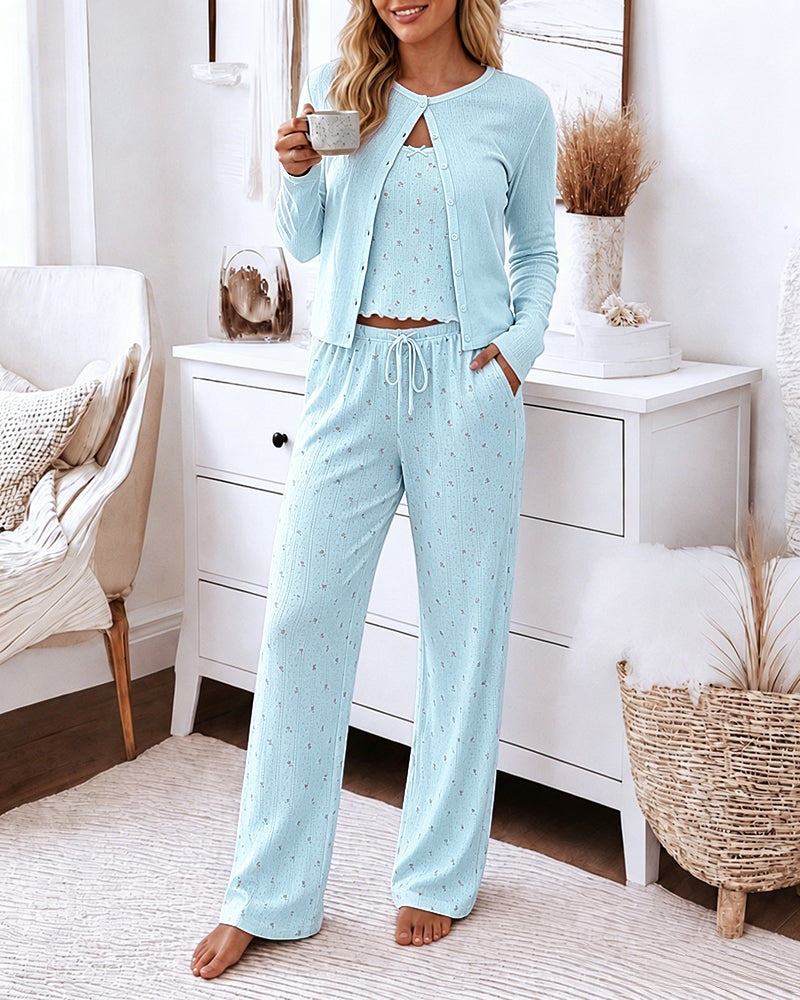 CHICME ESSENCE Women's 3 Piece Outfits Ditsy Floral Pajama Set Crop Cami Top and Button Down Cardigan and Straight Leg Pants Lounge Set