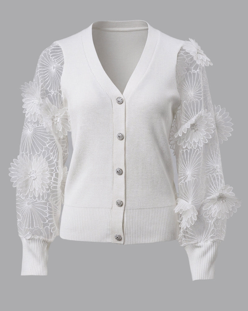 Women's Mesh Long Sleeve Cardigan Embroidered V Neck Knit Sweater Rhinestone Button Ribbed Slim Fit Casual Coat