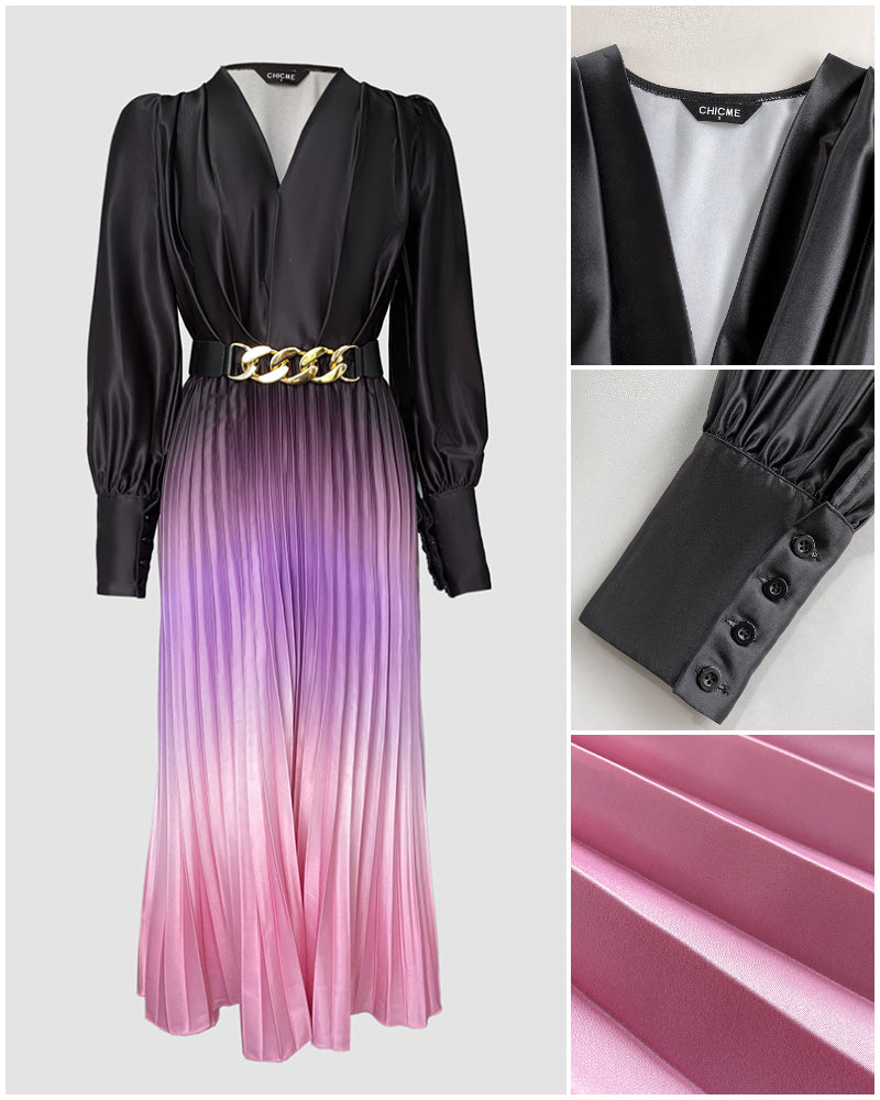 Ombre Deep V Neck Long Sleeve Pleated Mid-length Dress With Chain Decor Belt